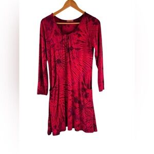 Tucan Tango Red Tie Dye Viscose Long Sleeve Dress Pockets Size Small